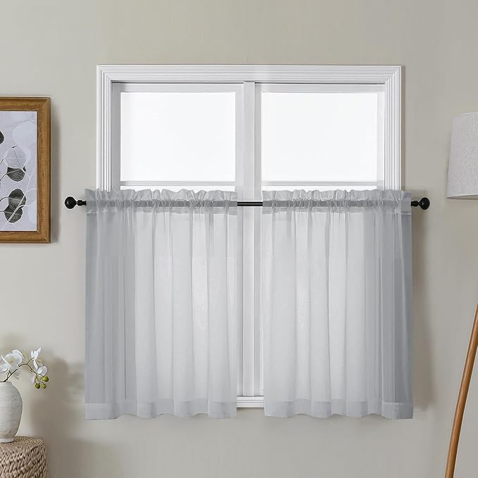 Gwine Light Grey Sheer Curtains 30 Inch Length, Short Light Filtering Voile Small Cafe Kitchen Curtains with Rod Pocket, Short Curtain for Bathroom Window, 42x30 Inch, 2PCS