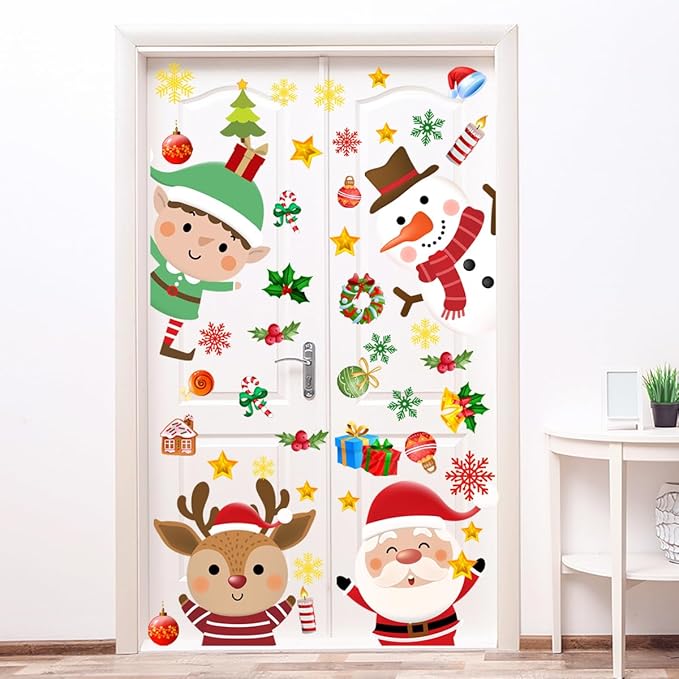 34.37 x 30.62 Inch Large Christmas Door Stickers Decor Removable Elk Santa Claus Reindeer Snowman Cute Penguin Bear Snowflake Decal for Window Door Refrigerator Home Bedroom Festival Party Decorations