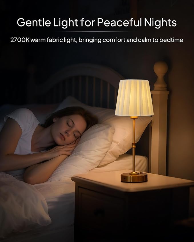 EppieBasic Cordless Table Lamp Rechargeable: Fast Charging & Long Lasting - 2700K Warm Light Vintage Gold Lamps - Dinning Living Room Bedroom - Pleated Shade