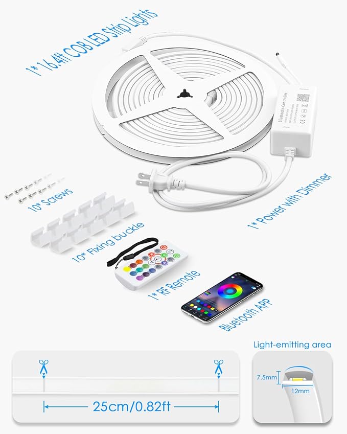 16.4FT 110V RGB COB LED Strip Light with Remote Smart Waterproof Outdoor RGB COB Neon Rope Light 576LEDs/M Color Changing Dimmable LED Light Strip AC 110V~130V for Bedroom Home Commercial Lighting