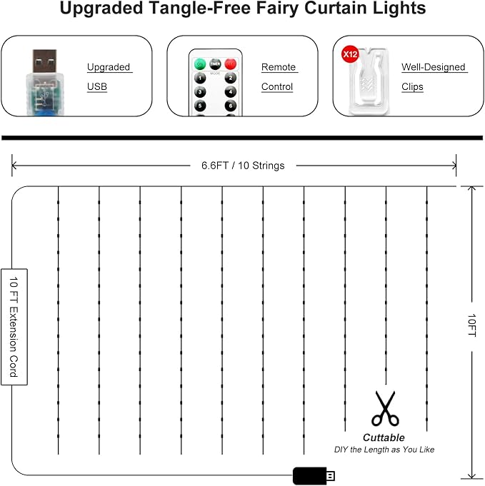 Fairy Curtain Lights Upgraded Tangle-Free Warm White USB Plug in 8 Modes String Hanging Lights with Remote for Christmas, Bedroom, Indoor, Outdoor, Weddings, Party (6.6FTx10FT)