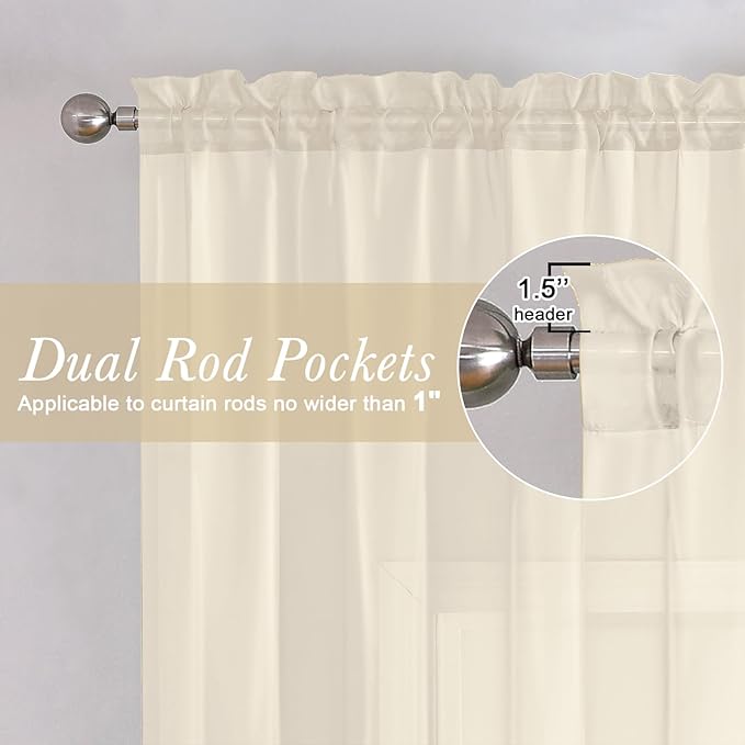 Lecloud Cream Sheer Curtains 54 Inch Length 2 Panels, Voile Airy Curtains for Bedroom Windows, Light Filtering Elegant Tulle Window Treatments with Dual Rod Pocket, Each Panel 42 X 54 Inch