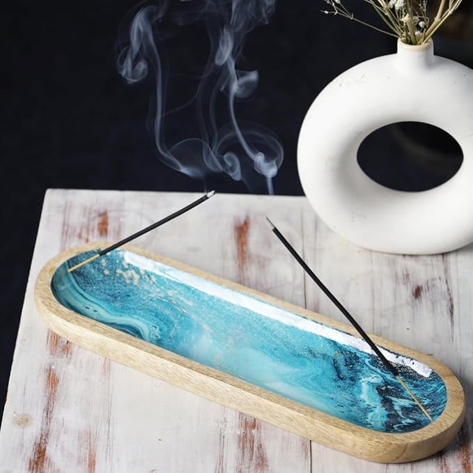The Art Box Hand-Painted Incense Burner Holder Ocean Blue - 12x4x1 inch Wooden Long Incense Stick Tray Holder for Modern Gift, Ash Catcher Incense Stick Holder - Meditation & Yoga