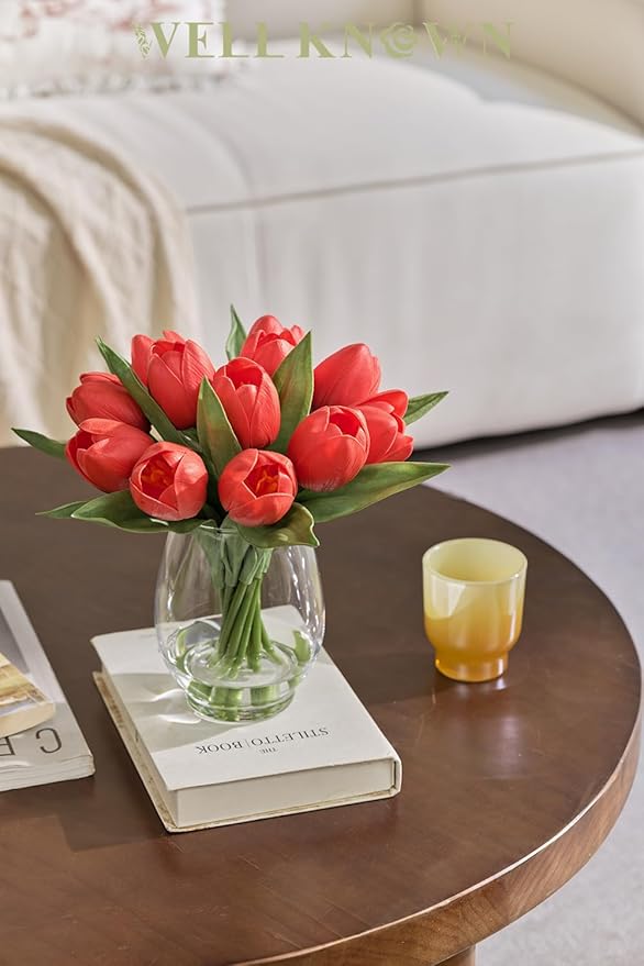 WELL KNOWN 12 Pcs Fake Red Tulips Artificial Flowers in Vase with Faux Water, Real Touch Foam Tulips Arrangements with Vase for Home Office Decor, Dining Table Wedding Centerpiece (Coral Red)