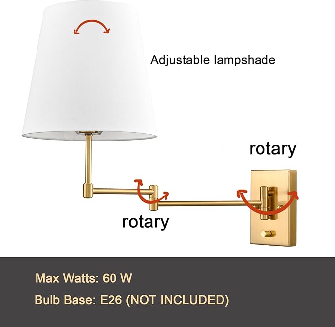 HYDELITE Gold Swing Arm Wall Lamp Brass Wall Sconces with Linen Shade | Plug-in or Hardwired Wall Light Fixtures Bedroom Bedside, House Reading, Living Room, Home Hallway, Dinning Set of 2
