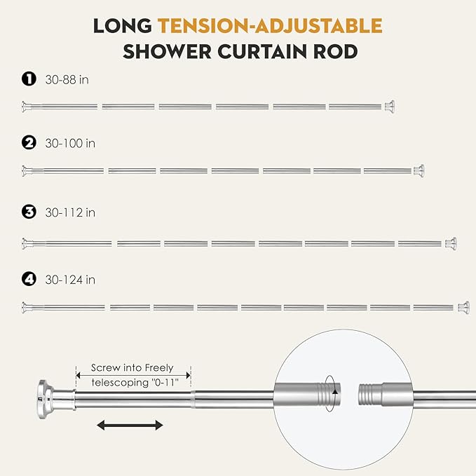 Silver Long Curtain RodTension Shower Curtain Rods 30 to 88 inch Adjustable Spring Heavy Duty Rods for Bathroom Windows Outdoor No Drill No Slip Stainless Steel
