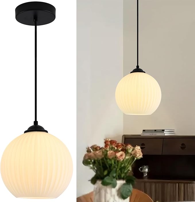 Small Milk Glass Globe Pendant Light Fixtures Black Farmhouse Pendant Lights Kitchen Island Mid Century Modern Hanging Lamp White Ribbed Glass Pendant Light