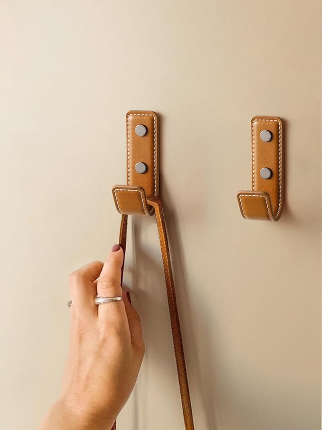 2 Pack Orange Leather Coat Hooks Wall for Hanging Rectangle Coat Hooks for Hanging Robe Towels Bags Hats Scarf Keys Clothes Suitable for Bedroom, Entryway and Closet