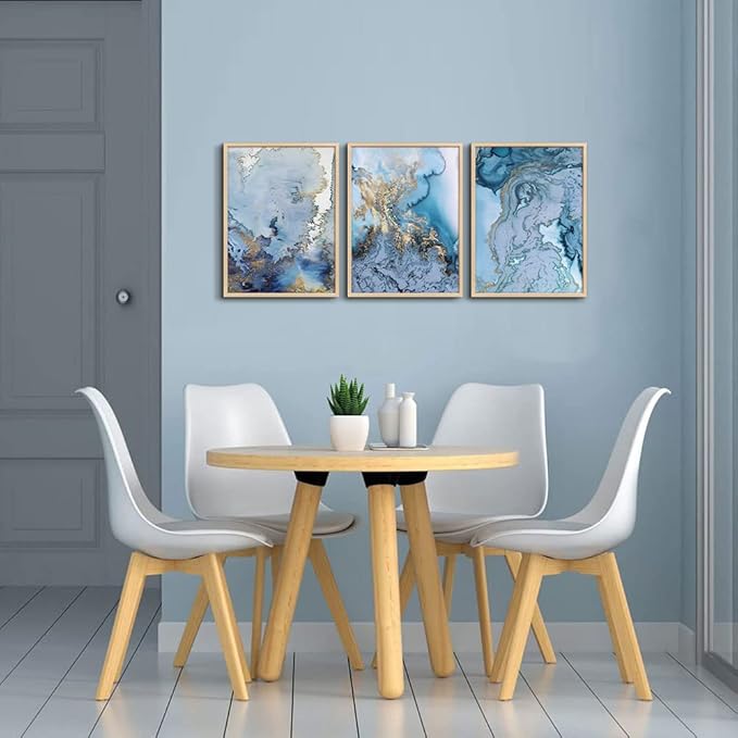 Natural Wood Framed Wall Art For Living Room Large Wall Decoration For Bedroom Office Wall Decor Minimalist blue Abstract Wall Painting Watercolor Wall Pictures Home Decor 3 Piece Framed Art Prints