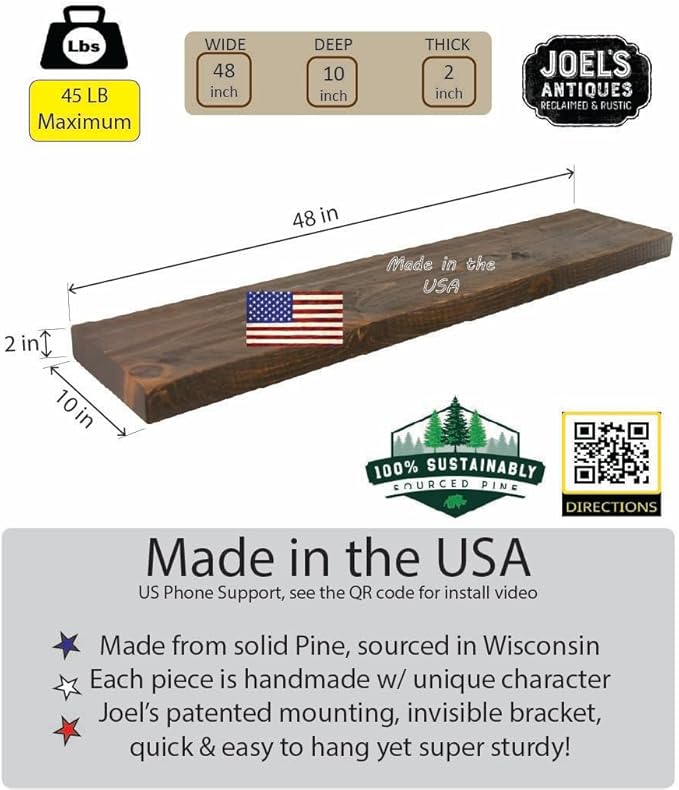 joelsantiques - 48 Inch Wooden Floating Shelves for Wall - 48x10x2 in - Made of Natural Wood - Heavy Duty Rustic Wall Shelves for Bedroom - Perfect for Living Room, Kitchen - Medium Brown