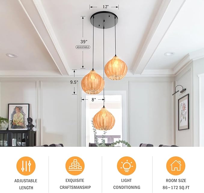 Modern 3 Lights Glass Pendant Light Amber Striped Glass Globe Cluster Chandelier Lighting Fixtures Matte Black Adjustable Kitchen Island Hanging Pendant Lighting Nordic Multi Lights Pendant Lamp