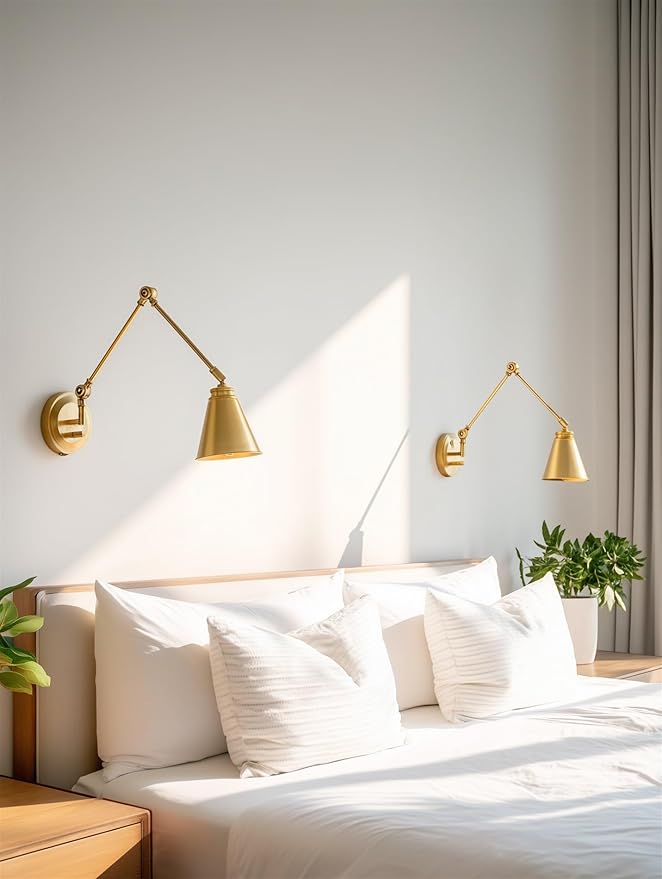 Kira Home Ellis 18" Vintage Industrial Swing Arm Wall Lamp - Plug in/Wall Mount + Cord Covers, Warm Brass Finish, 2-Pack