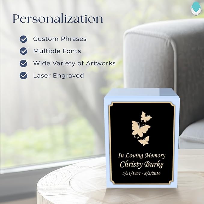 GetUrns Custom Butterfly Small Urn Box for Human Ashes I Personalized Wooden Keepsake Cremation Urn for Male or Female I Light Blue Memorial Box I 40lbs