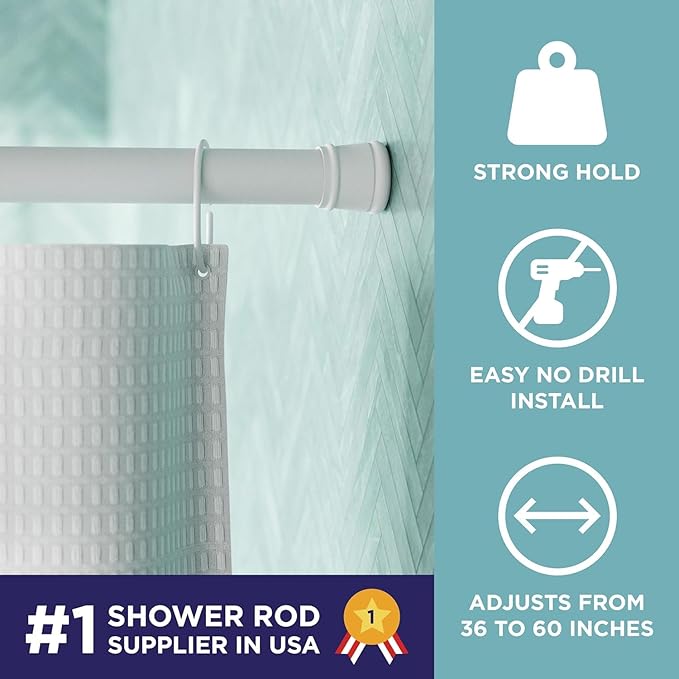 Zenna Home Tension Shower Curtain Rod, No Drill Adjustable Tension Curtain Rod for Bathroom, Rust Resistant, Easy Install Expandable Shower Curtain Rods, 36 to 60 Inches, White
