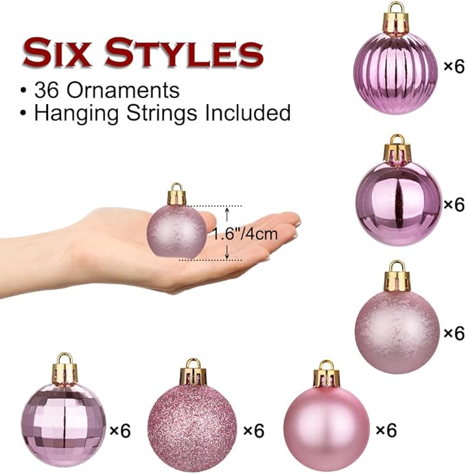 Hollyone 1.57" Bubblegun Pink Christmas Ornaments for Christmas Tree 36 Pcs Mini Shatterproof Balls Xmas Tree Decorations Small Xmas Ornaments Balls with Hanging Loop Holiday Party Wreath Home Decor