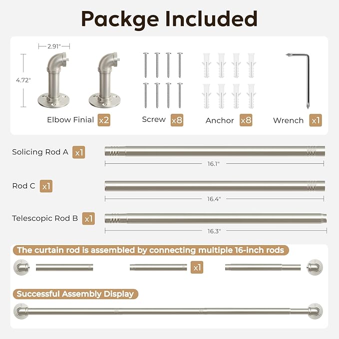Zeerobee Curtain Rods for Windows 32 to 48, 1 Inch Industrial Wrap Around Curtain Rod, Indoor/Outdoor Room Divider Adjustable Drapery Pole, 32"-48", Brushed Nickel