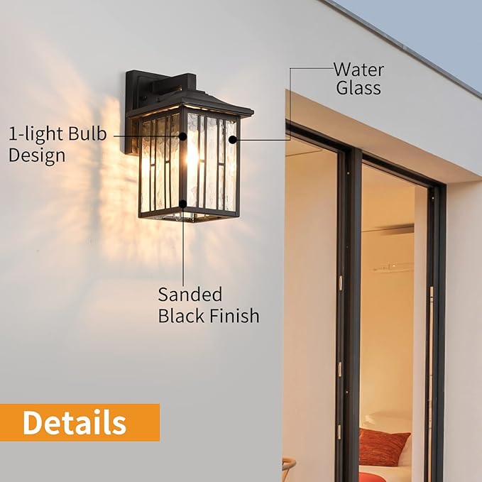Outdoor Wall Light, Matte Black Porch Light Fixtures, Waterproof Outside Wall Lantern, Anti-Rust Exterior Wall Mount Sconce with Water Glass for House Garage Patio