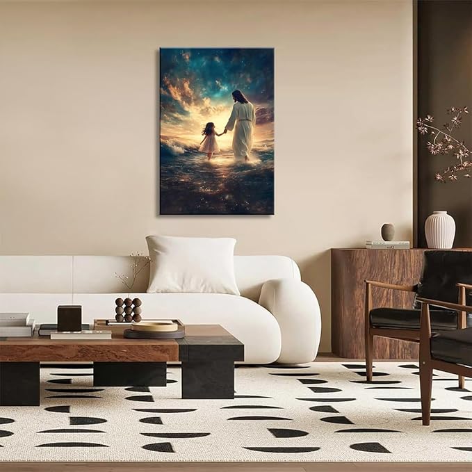 Eysintum Framed Jesus Wall Art Jesus with Girl Canvas Print Christian Faith Poster Inspirational Home Decor for Kids Room Nursery Living Room 16x24in Ready to Hang