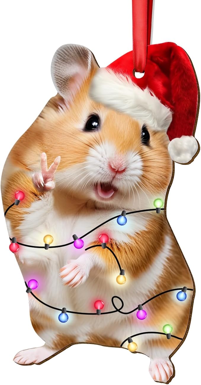 Christmas Ornament - Wooden, 2-Side Printed Hamster, Hanging for Tree, Xmas Decoration, Gift for Hamster Lovers