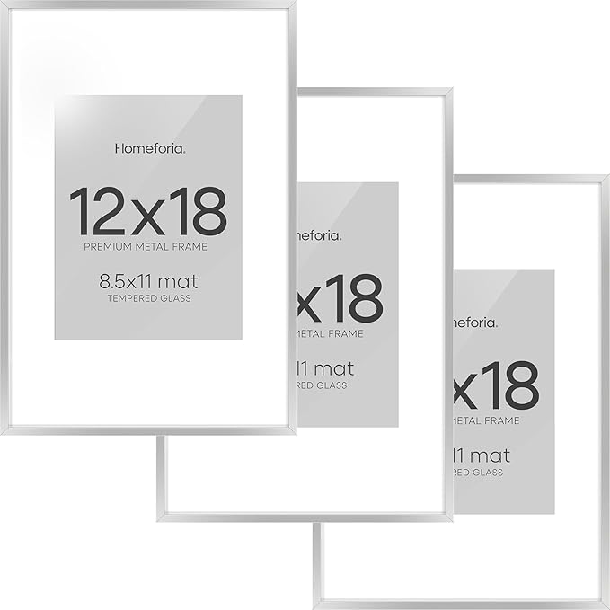 Homeforia 12x18 Silver Frame, High End Metal 12 x 18 Picture Frames with Mat 8.5 x 11 Photo, 18x12 Silver Poster Frame Matted to 11x8.5 Print, 18by12 Hanging Frames, Tempered Glass, Wall Kit, Set of 3