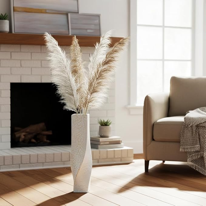 Tall Vases On Floor, 23.62" Twisted Geometric Flower Vase for Home, Living Room, Flower Centerpieces, Shelf, Table, Decor, White Crackle Vase