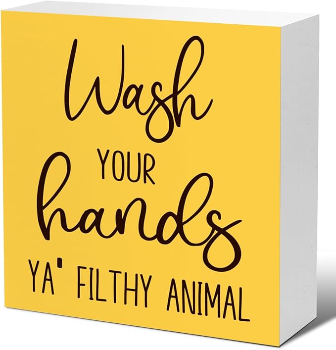 LVQHI Funny Bathroom Wood Block Signs,Wash Your Hands YA' Filthy Animal Wooden Box Sign for Bathroom Shelf Toilet Restroom Home Tabletop Desk Decor,Rustic Bathroom Sign Decor Yellow