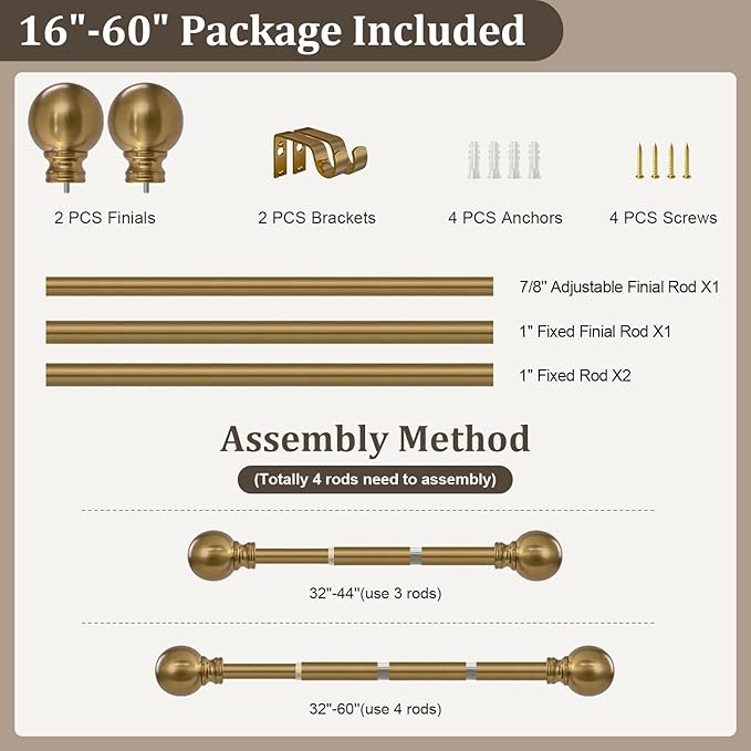 Warm Gold Curtain Rods for Windows Small 28 to 48 Inch 1" Diameter Short Adjustable Heavy Duty Antique Brass Metal Decorative with Finials Vintage Brushed Bronze for Living Room Bedroom Kitchen