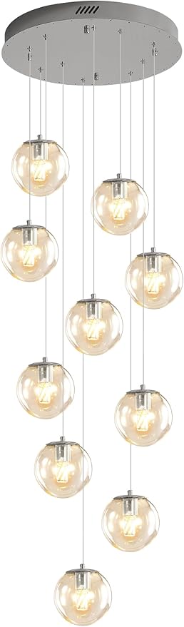 Silver LED Staircase Chandelier 10-Light Clear Glass Ball Chandelier Dimmable Pendant Lights Large Chandeliers for High Ceilings, Entryway Modern Chandelier for Villas and Stairwell