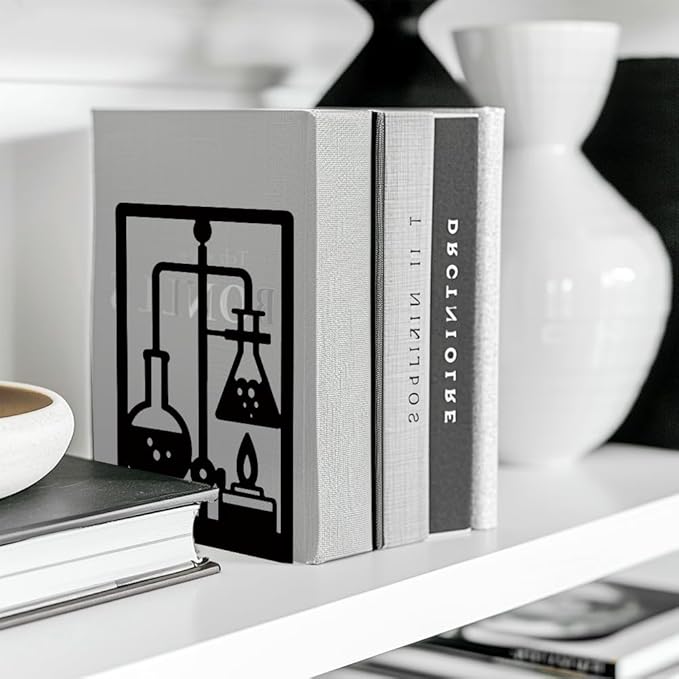 Peacoblue Metal Bookends for Shelves, Modern Decorative Heavy Duty Study Book Support Stoppers for Office, Desk, Shelf, Room 5.3"x4.3"x7.9" Cast Iron Bookends, 1 Pair (Chemistry and Lab Bottles)