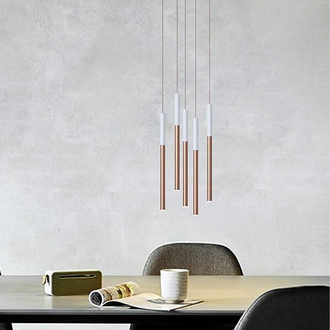 ALTAIR 5 Mini Pendant Lighting White-Copper - LED Hanging Light Fixture for Kitchen Island, Bar, Foyer - Cluster Pendants - Dimmable, Adjustable Wire, Lamp Bulb Included
