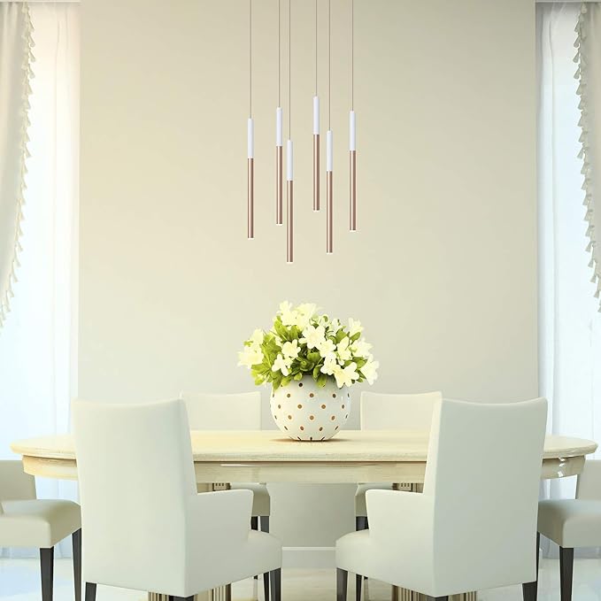 ALTAIR 6 Mini Pendant Lighting White-Copper - LED Hanging Light Fixture for Kitchen Island, Bar, Foyer - Cluster Pendants - Dimmable, Adjustable Wire, Lamp Bulb Included