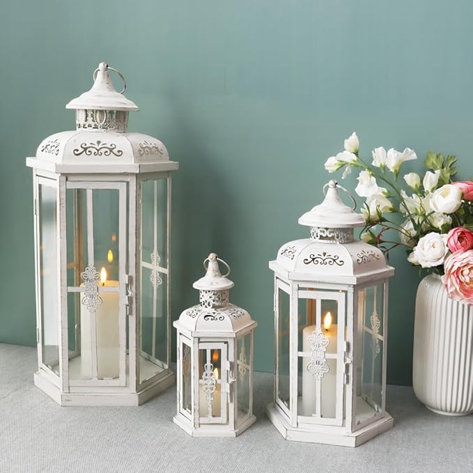 JHY DESIGN Set of 3 Decorative Candle Lanterns 20''&14"&10" H Outdoor Candle Lanterns Vintage Metal Cand leholder for Indoor Outdoor, Events, Parities and Weddings(White with Gold Brush)