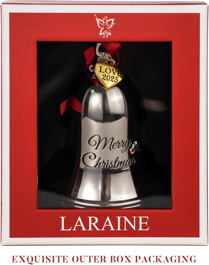 LARAINE Christmas Ornament Bell 2025 Silver Jingle Bell Hanging Ornament with Golden Metal Tag for Christmas Tree Decorations Engraved Metal Bell (Heart Tag (2025))