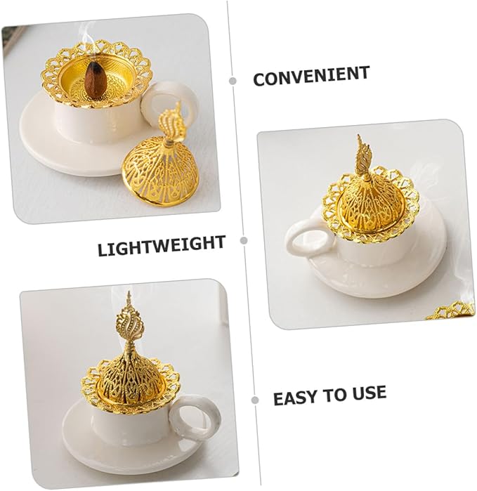 TEHAUX Vintage Ceramic Cone Incense Burner with Metal Handle Minimalist Elegant Decorative Censer Holder for Home Decor Portable Lightweight Aromatherapy Accessory Sophisticated Table