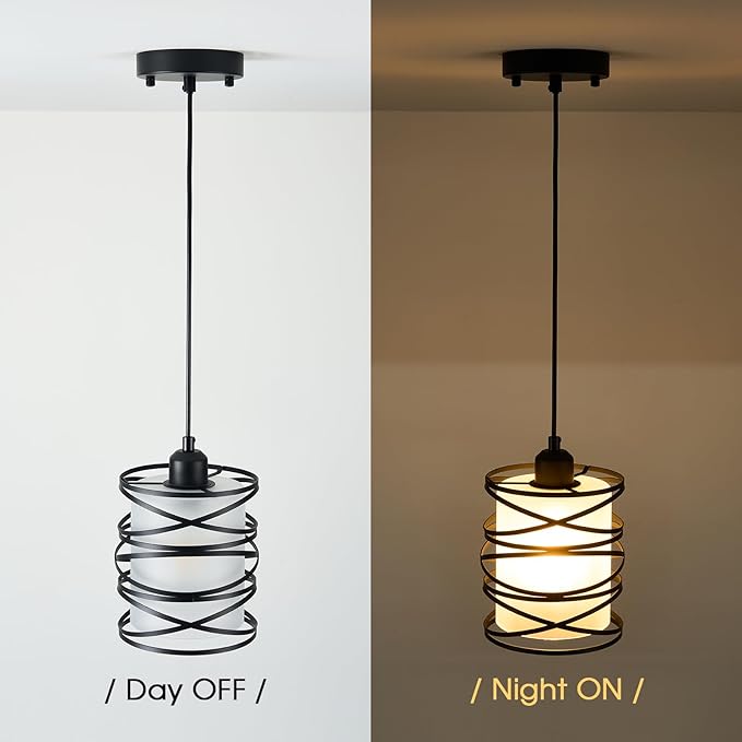 Frosted Glass Pendant Light Fixtures 6.3Inch Spiral Metal Cage Mini Pendant Lighting Handblown Island Hanging Light Adjustable Cord Ceiling Lamp for Kitchen Dining Room Foyer Hallway, E26