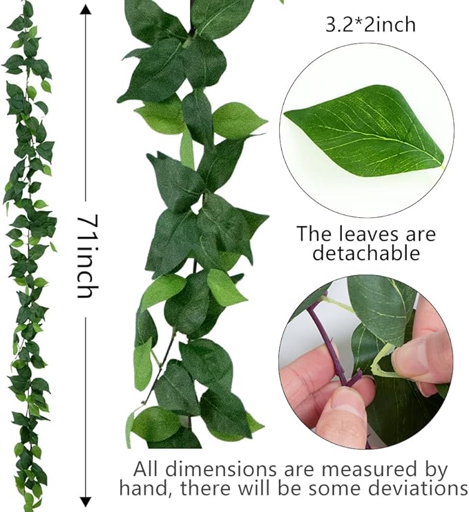 3 Strands Artificial Vines Kit, 71" Silk Eucalyptus Ivy Garland Green Leaves Natural Odorless, Fake Greenery Hanging Plants Decoration for Home, Bedroom, Wall, Party, Wedding Decor