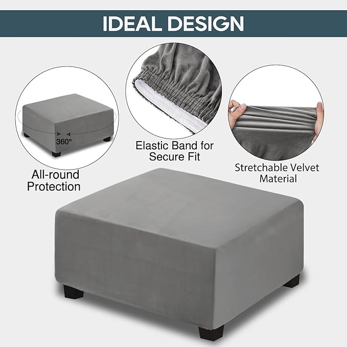 NeColorLife Velvet Ottoman Cover Square Storage Ottoman Slipcover Thick Stretchable Footrest Stool Covers with Elastic Band for Rectangle and Square Ottoman(Large Size,Dark Grey)