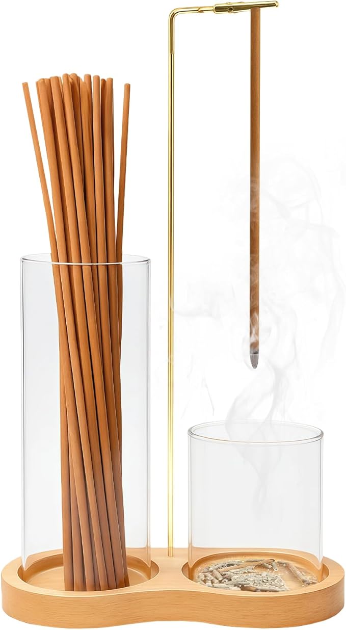Glass Incense Holder, 2 in 1 Incense Holder for Sticks, Anti-Ash Flying Incense Burne with Ash Catcher Incense Sticks Organizer Wood Glass Incenses Stick Holder for Meditation Yoga Home Decor