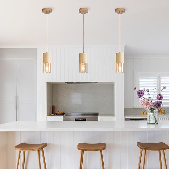3-Pack Gold Pendant Light Fixtures, Adjustable Modern Pendant Lights for Kitchen Island, Industrial Amber Glass Pendant Lights for Dining Table Hallway Bedroom Living Room