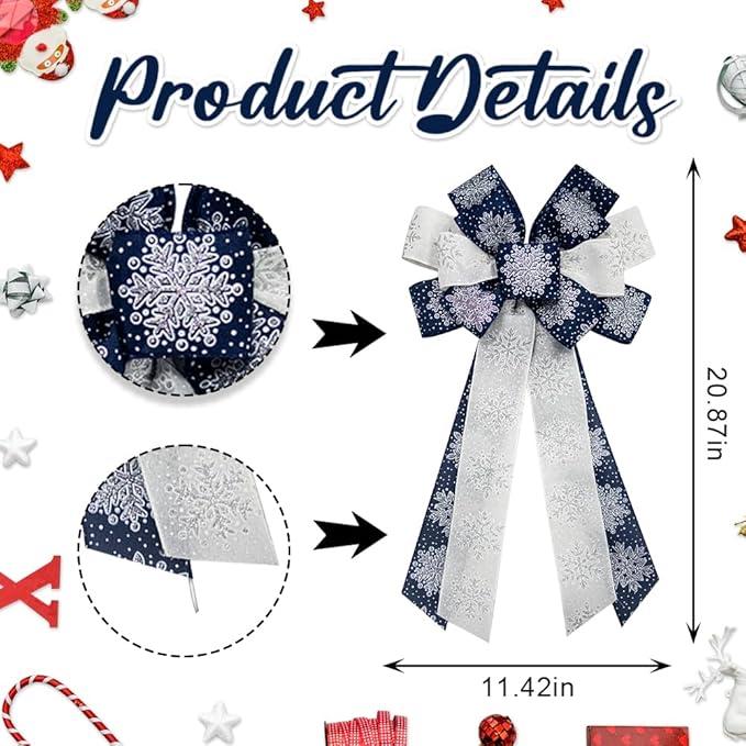 2PCS Christmas Wreath Bows Christmas Decor Bows Navy Blue Snowflake Ribbon Bows for Wreath, Christmas Tree Topper Bows for Christmas Party Decoration Home Indoor Outdoor Xmas Wreath Ornament Supplies
