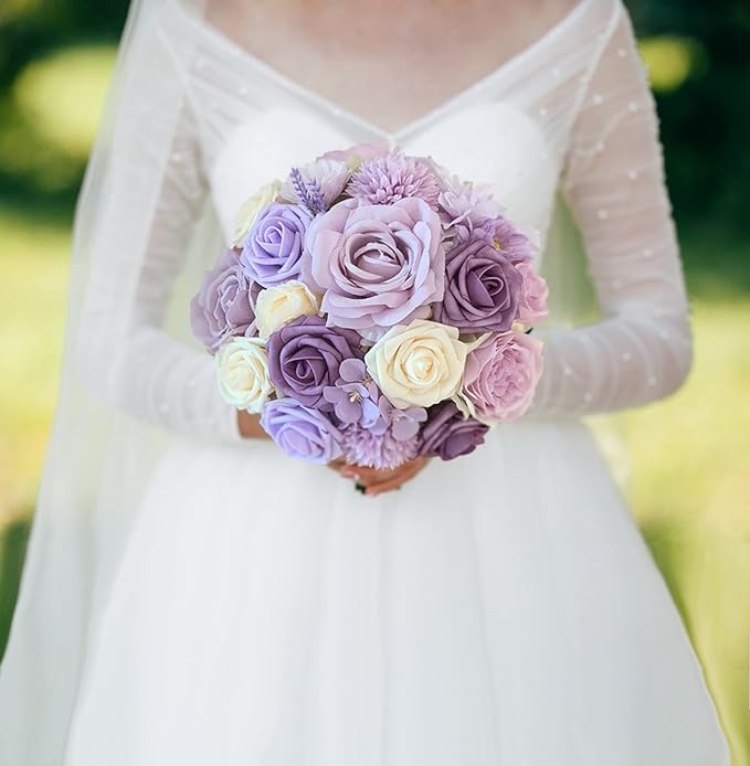 Roses Artificial Flowers Purple Bouquets Box Set Fake Flower with Stems Bulk for DIY Bridal Wedding Shower Decorations Faux Floral Arrangements for Party Table Centerpieces Home Decor Indoor