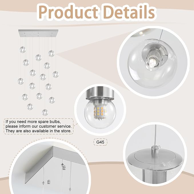 Glass Chandelier LED Modern Silver Pendant Light Globe Ceiling Light H157 Glass Ball Chandeliers for Staircase Living Room Hotel Hallway Foyer Entryway (16 Lights-Rectangle Chandeliers)