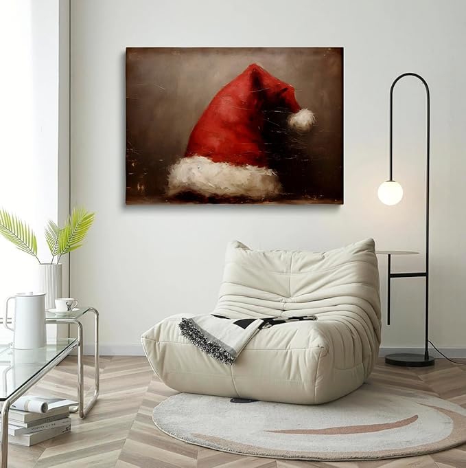 Christmas Wall Decor Print, Santa Hat Wall Art, Santa Still Life Painting, Rustic Christmas Art, Santa Hat Print, Vintage Xmas Holiday Art Print,Christmas Cottage Deco12x16inch Framed Art