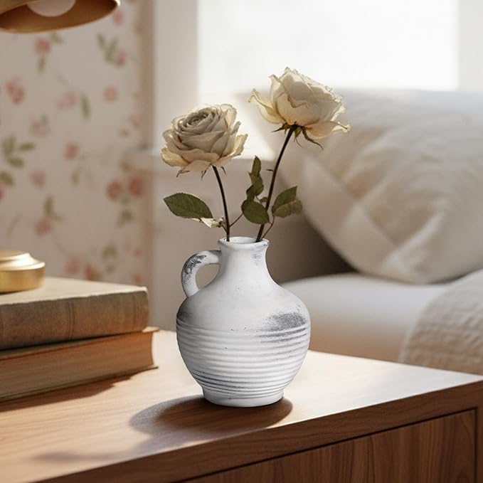 Rustic Farmhouse Vase, Ceramic Terracotta Vase with Handle, 6 inch Pottery Decorative Flower Vases for Home Decor, Table, Living Room, Bathroom, Shelf, Mantel Decor Grey