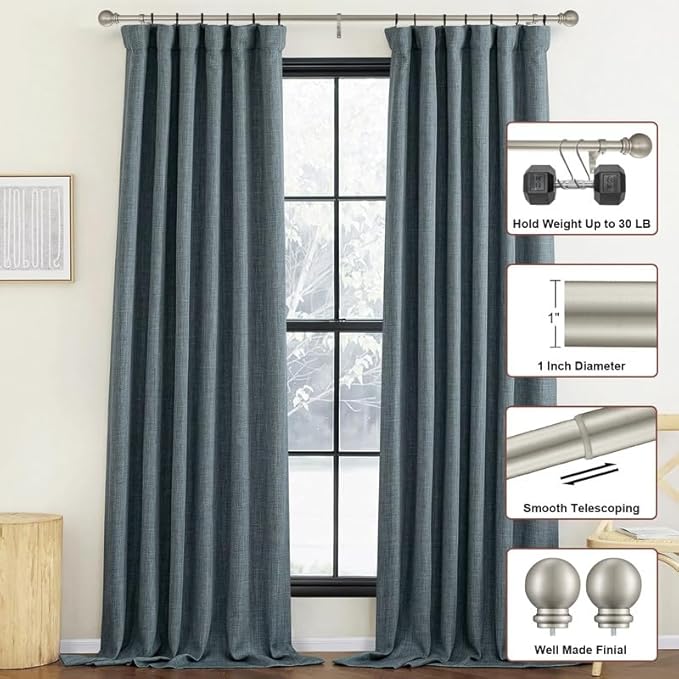 Curtain Rods 2 Pack, Brushed Nickel Curtain Rods for Window 72-144 Inch, Decorative Curtain Rod with Ball Finials, 1 Inch Diameter Heavy Duty Curtain Rod, Adjustable Single Drapery Rod Brushed Nickel