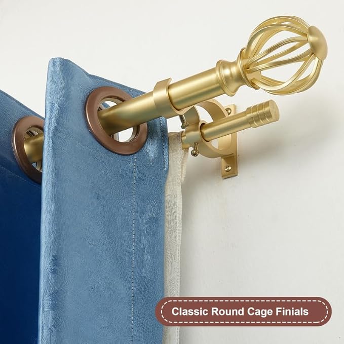 Brass Double Curtain Rods 36-72 Inch, Double Curtain Rods with Round Cage & Barrel Finials, 1-Inch Front and 5/8 Inch Back Double Drapery Rod, Telescoping Double Curtain Rod for Window