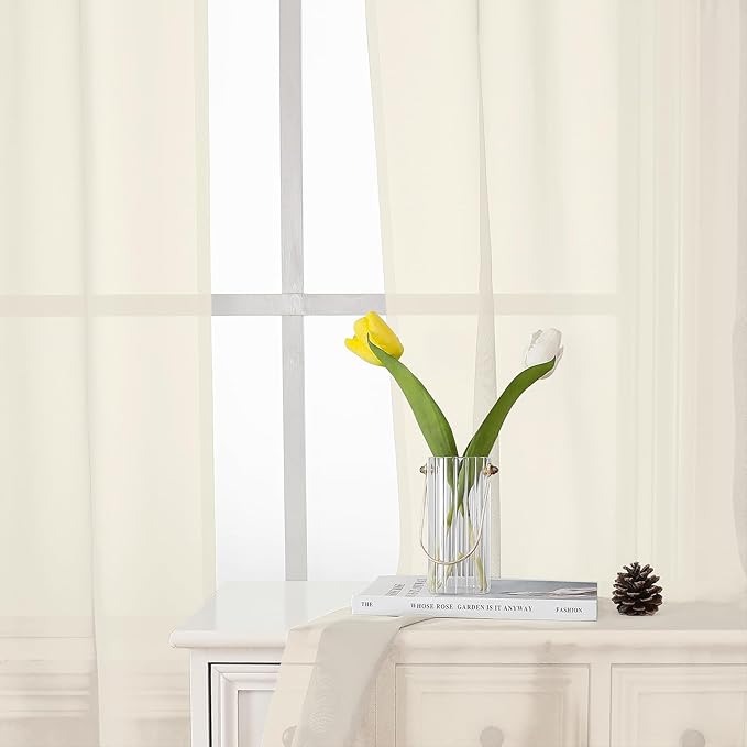 Lecloud Cream Sheer Curtains 54 Inch Length 2 Panels, Voile Airy Curtains for Bedroom Windows, Light Filtering Elegant Tulle Window Treatments with Dual Rod Pocket, Each Panel 42 X 54 Inch