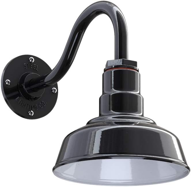 Steel Lighting Co. Hawthorne Barn Light | Outdoor Wall Mounted | 8 inch Dome | 11 inch Gooseneck| Small Farmhouse Light Made in America | Black Exterior/White Interior