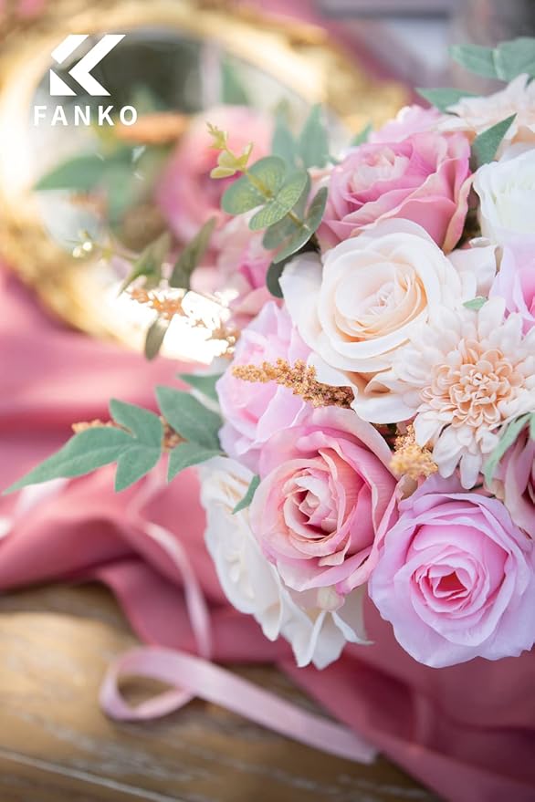 FANKO Rose Artificial Flowers Combo for DIY, Fake Pink Rose Silk Flowers Greenery, Faux Flowers for Wedding Bridal Bouquet, Baby Shower, Table Centerpieces, Floral Arrangement, Party Home Decoration