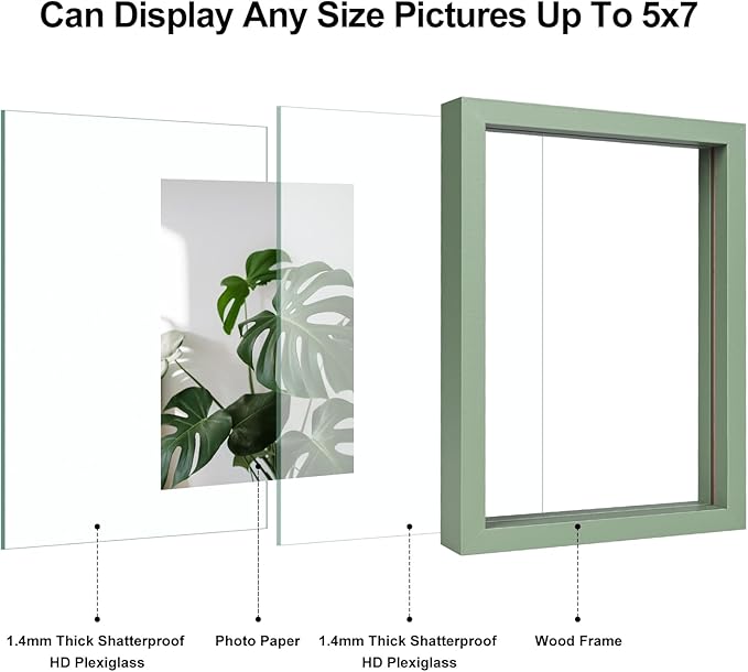 Egofine 5x7 Floating Frames Set of 2, Double Plexiglass Picture Frame, Made of Solid Wood Display Any Size Photo up to 5x7, Wall Mount or Tabletop Standing, Green